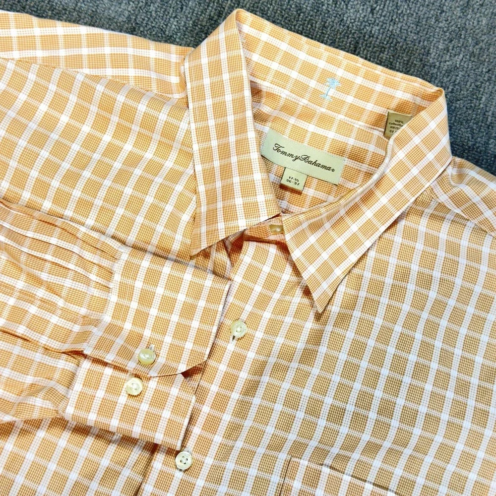 Tommy Bahama Mens Orange Plaid Button Down Long Sleeve Dress Shirt 17.5 36/37 XL